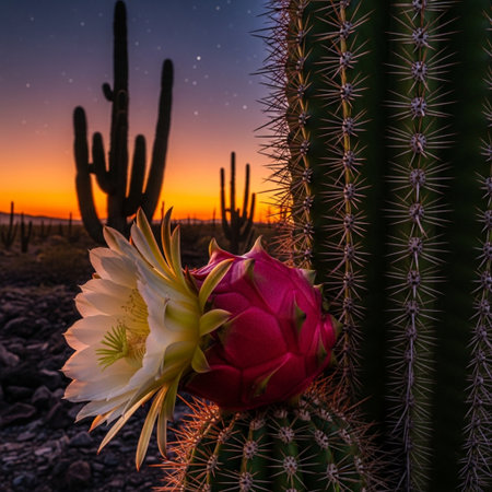 Dragon fruit and cactus at sunset in Sonoran Desert, Arizonaの素材