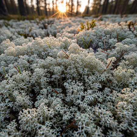 Moss on the ground in the forest at sunset. Shallow depth of fieldの素材