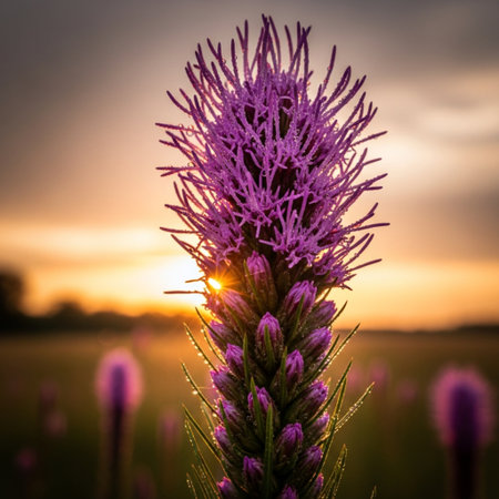 Close up of a purple liatris flower in a field at sunsetの素材