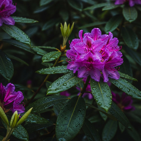 Purple rhododendron flowers with raindrops on leavesの素材