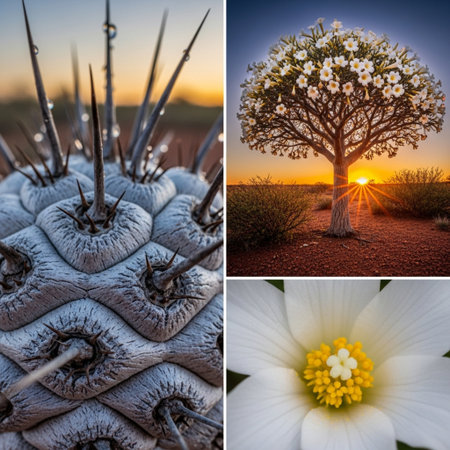 Collage of desert landscapes with cactus and flowers at sunset.の素材