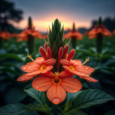 Beautiful orange flower in the garden with sunset background, Thailand.の素材