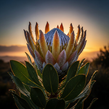 Beautiful protea flower in the morning light, South Africa.の素材