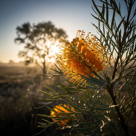 Sunset over Australian bush with yellow flowers and mist in the backgroundの素材