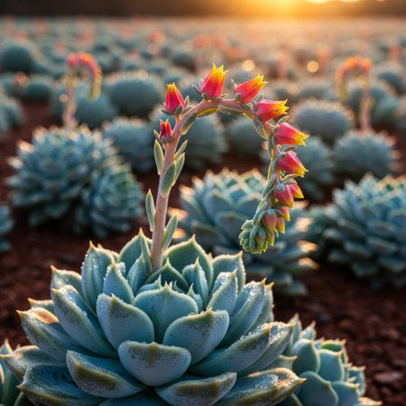 Succulent plants in the desert at sunset. Natural background.の素材