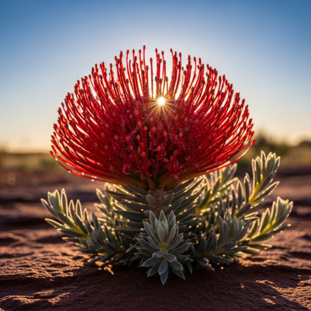 Red pincushion protea flower in the desert at sunsetの素材