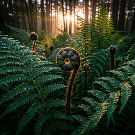 Beautiful ferns in the forest at sunrise. Natural background.の素材