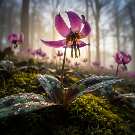 Dogtooth violet violet flower in the forest at sunrise. Soft selective focus.の素材