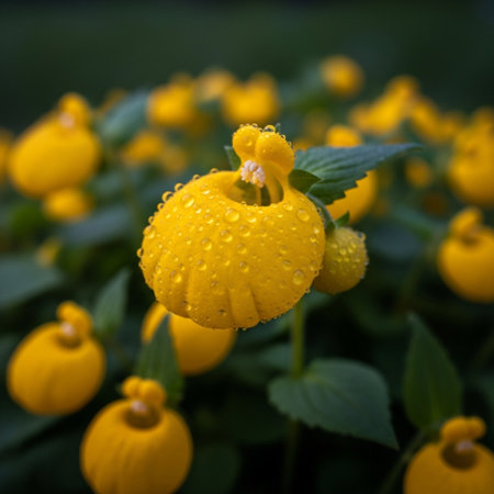 Yellow flowers with water drops in the garden. Shallow depth of field.の素材