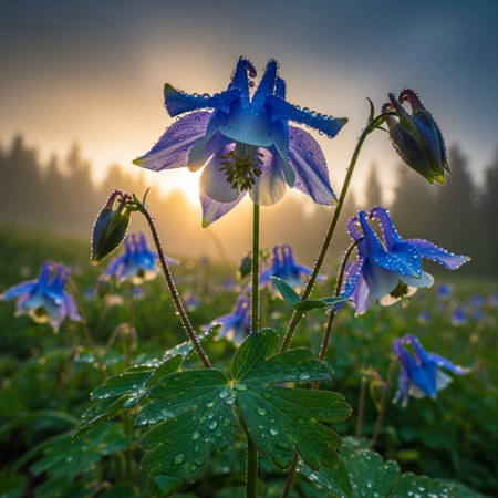 Aquilegia vulgaris in a meadow at sunriseの素材