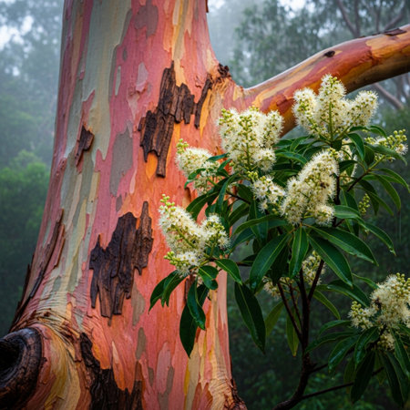 Eucalyptus tree with white flowers in the rainforestの素材