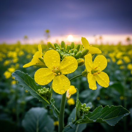 Sunset over a rape field. Shallow depth of field.の素材