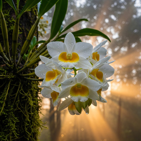 Beautiful white orchid flower with sunlight in morning. Nature backgroundの素材
