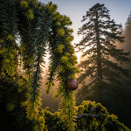 Fir tree with cones in the fog at sunrise in winter.の素材