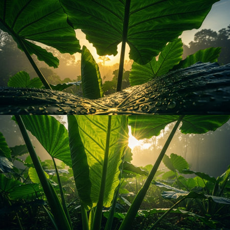 Tropical rain forest with sunbeam and green leaf in morningの素材