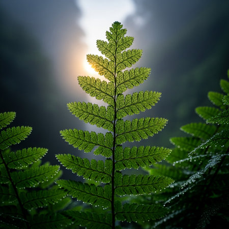 Fern leaf in the morning mist with sunlight. Nature background.の素材