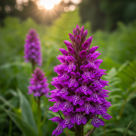 Beautiful purple wild orchid flowers in the meadow at sunsetの素材