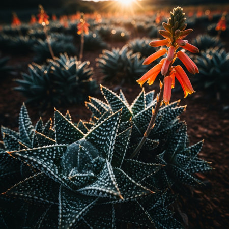 Beautiful aloe vera plant in the desert with sunset.の素材