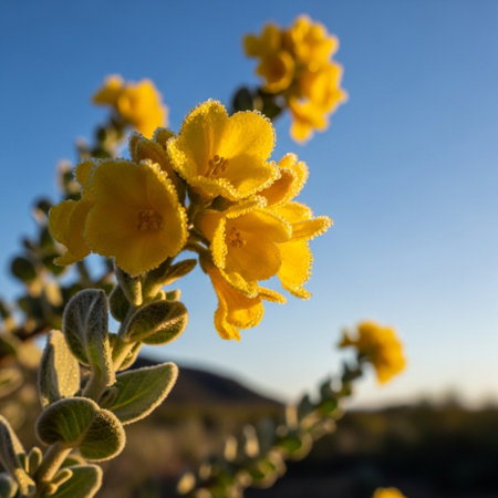 Close up of yellow flowers with blue sky in background at sunset.の素材