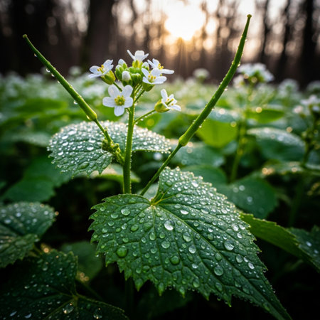 Water drops on a small white flowers in the morning. Shallow depth of field.の素材