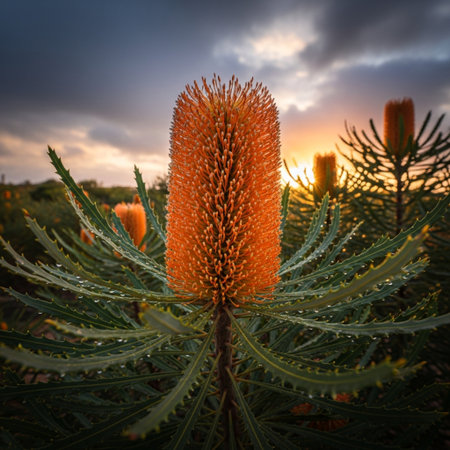 Beautiful orange flower of an Australian pine tree on a sunset backgroundの素材