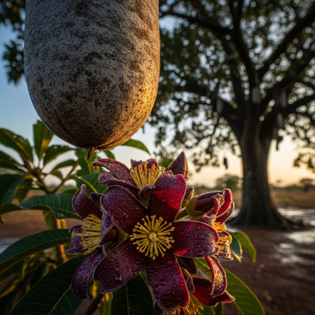 Close up of a mango tree with fruits and flowers in the backgroundの素材