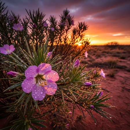 Beautiful pink flowers in the desert at sunset, Namibia.の素材