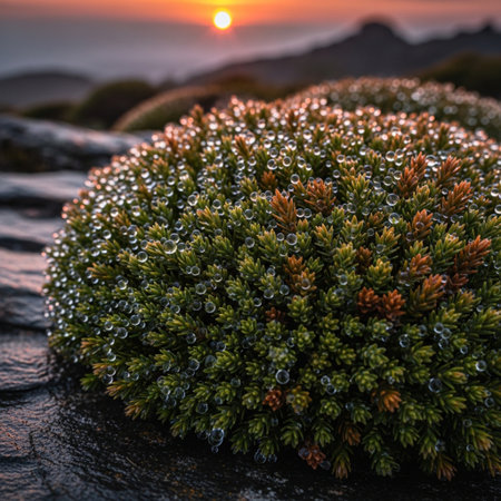 Close up of green moss on rock with sunset in the background.の素材