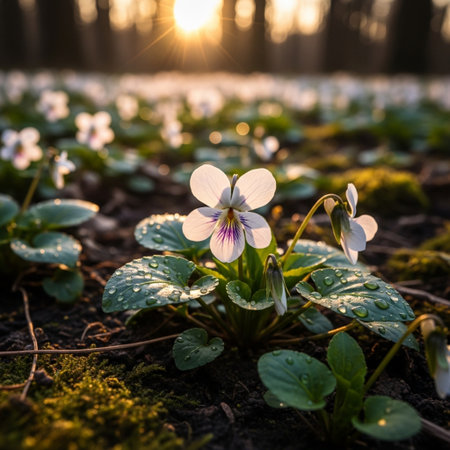 White pansy flowers in the forest at sunset. Beautiful spring flowers.の素材