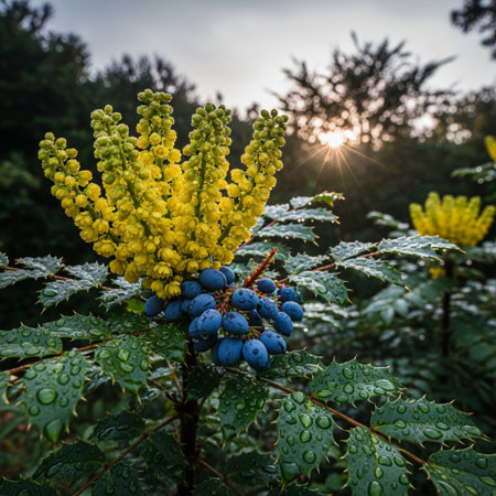 Bunch of blue and yellow wild grapes on a bush in the forestの素材
