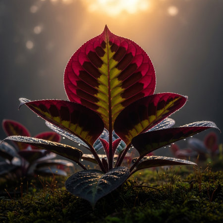 Red leaves in the morning light. Beautiful nature background with copy space.の素材