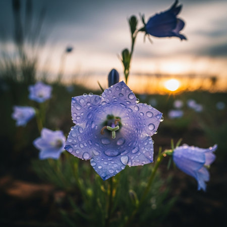 Beautiful blue bellflowers with dew drops on sunset backgroundの素材