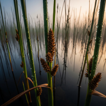 Close up of reeds in a lake at sunrise. Shallow depth of field.の素材