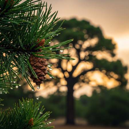 Pine branch with pine cone on blurred background with bokeh effectの素材