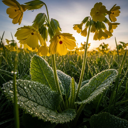 Beautiful yellow cowslip flowers in the meadow at sunrise.の素材