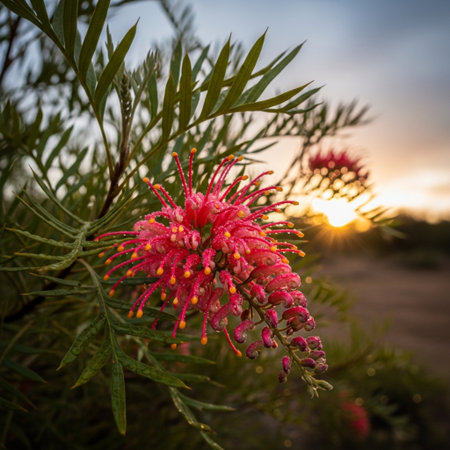 Red flower of Callistemon citrinus on a sunset backgroundの素材