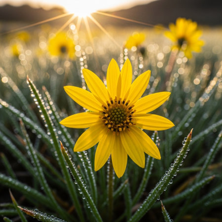 Yellow flower in the meadow at sunrise. Beautiful nature background.の素材