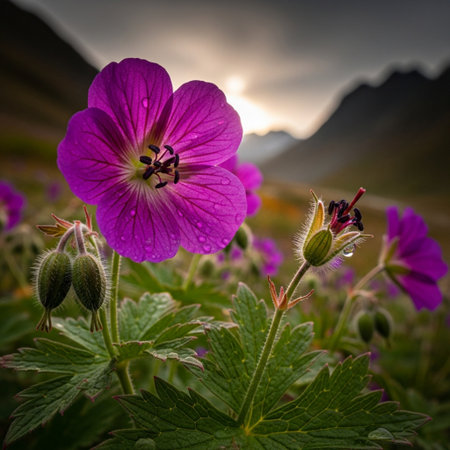 Beautiful wild flowers in the mountains at sunset. Summer landscape.の素材