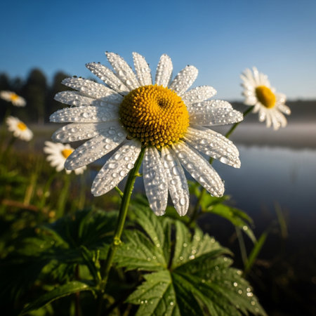 Beautiful daisies on the lake in the morning light.の素材