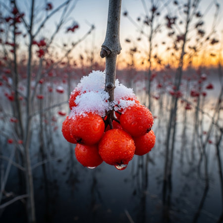 Frozen rowan berries on a branch in the winter at sunsetの素材