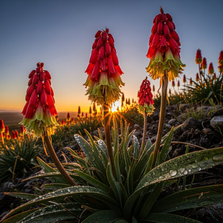 Aloe vera flowers blooming in the mountains at sunset.の素材