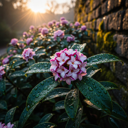 Beautiful pink flowers in the garden at sunset. Natural background.の素材