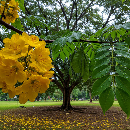 Yellow trumpet tree in public park, Bangkok, Thailand. (Tabebuia rosea)の素材