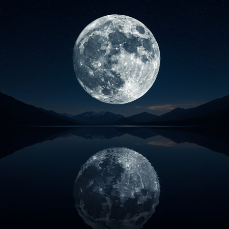moon in the night sky reflected in the water. 3d renderingの素材