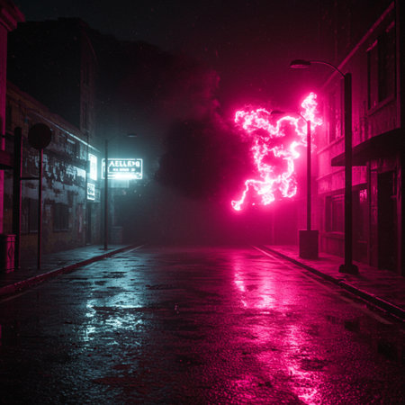 City street at night with lights and smoke. Shallow depth of fieldの素材