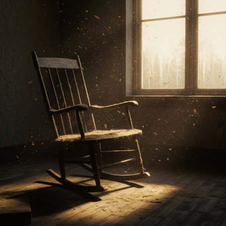 Abandoned rocking chair in dark room with light coming through the windowの素材