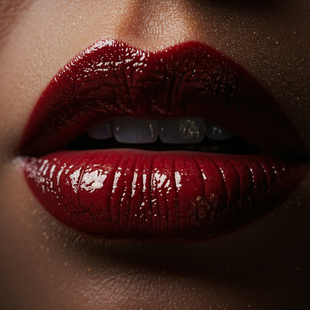 Close-up of beautiful female lips with red lipstick. Beauty, fashion.の素材