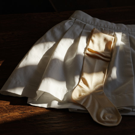 A pair of women's socks on a wooden table in sunlight.の素材