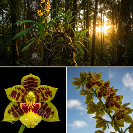 Beautiful orchids in the forest at sunset. Collageの素材