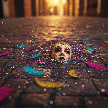 Venetian carnival mask on the ground with colored feathers.の素材